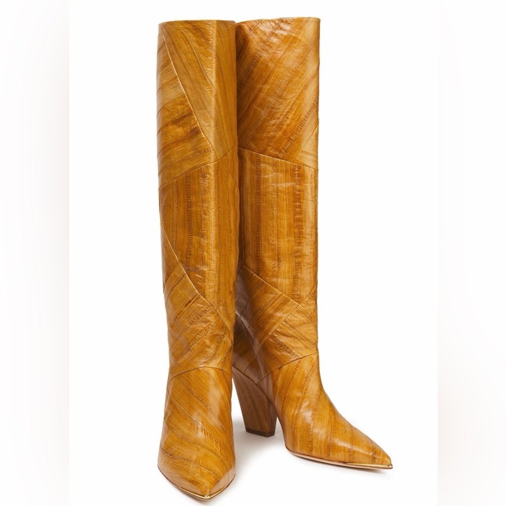 Tory Burch Lila 90mm Knee High Tan Beige Leather Tall Slouch Heeled Boot size 7 - Picture 4 of 14